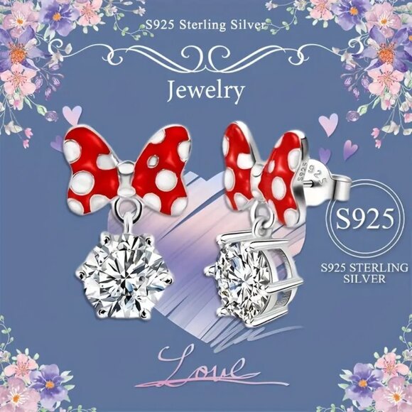 Sterling Silver 925 Hypoallergenic Silver and Red Colored Bow Earrings - Picture 1 of 2